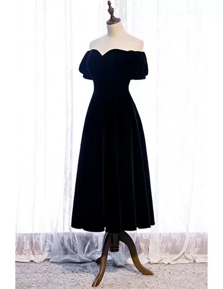 Simple Black Tea Length Velvet Dress with Off Shoulder Sleeves