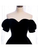 Simple Black Tea Length Velvet Dress with Off Shoulder Sleeves