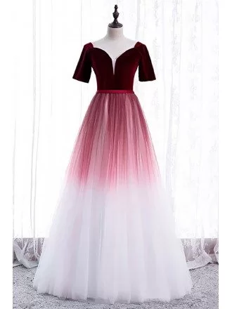 Ombre Burgundy White Tulle Special Occasion Dress with Short Sleeves