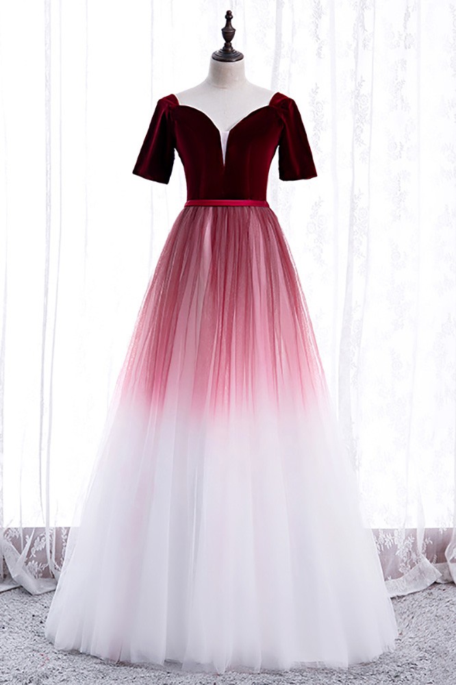 Ombre Burgundy White Tulle Special Occasion Dress with Short Sleeves MX16069 GemGrace