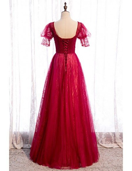 Special Square Neckline Burgundy Long Party Dress with Sequins