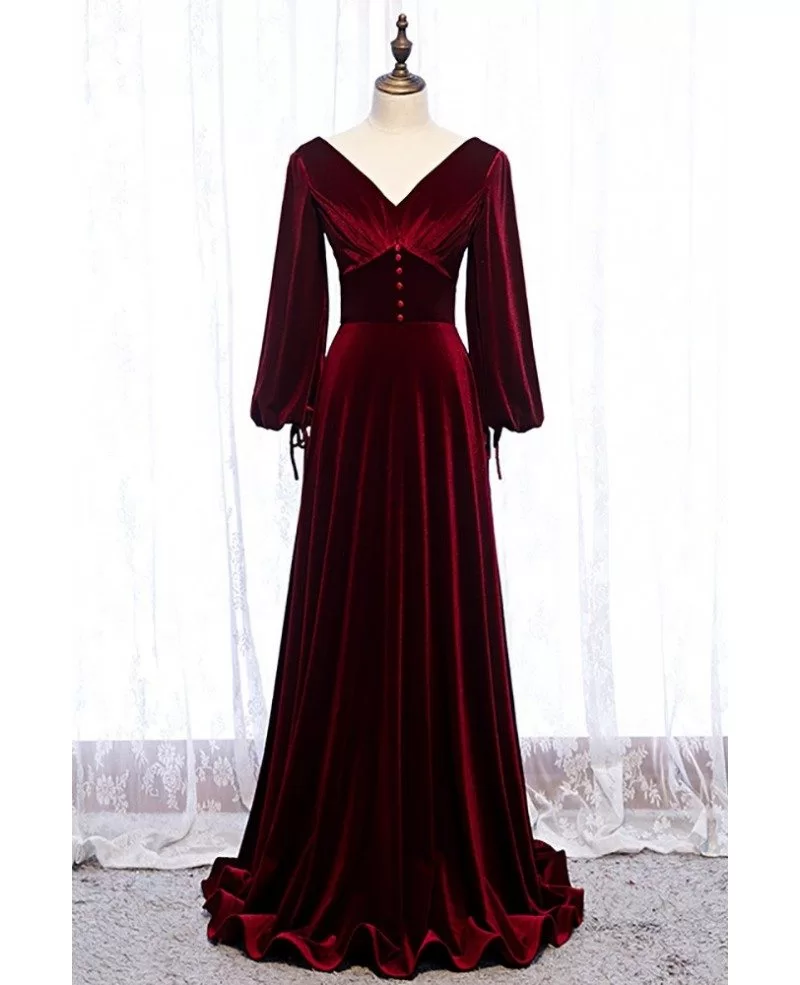 Modest Long Sleeve Deep Red Velvet Evening Dress