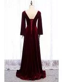 Dark Red Velvet Vneck Evening Dress with Lantern Long Sleeves