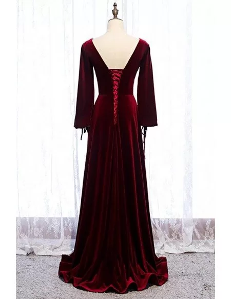 Dark Red Velvet Vneck Evening Dress with Lantern Long Sleeves MX16060 ...
