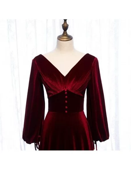 Dark Red Velvet Vneck Evening Dress with Lantern Long Sleeves