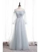 Gorgeous Light Blue Tulle Long Prom Dress with Tulle Long Sleeves