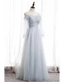 Gorgeous Light Blue Tulle Long Prom Dress with Tulle Long Sleeves
