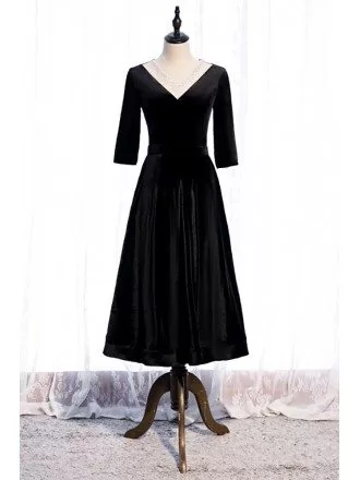 Beaded Vneck Retro Tea Length Black Velvet Party Dress with Sleeves