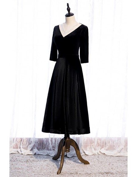 Beaded Vneck Retro Tea Length Black Velvet Party Dress with Sleeves