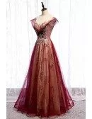 Illusion Neckline Burgundy Formal Prom Dress with Bling Gold Sequins Cap Sleeves