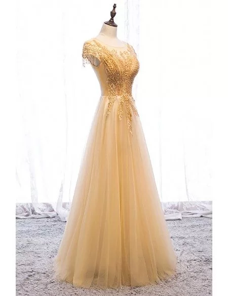 Flowy Sequined Gold Tulle Aline Long Formal Dress with Illusion Neckline