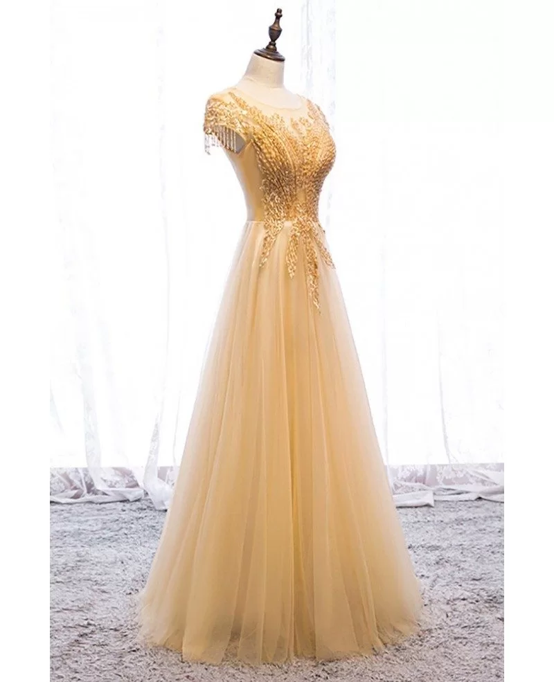 Flowy Sequined Gold Tulle Aline Long Formal Dress with Illusion Neckline  MX16038 