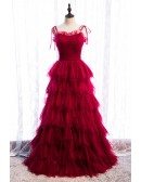 Burgundy Tiered Ruffle Tulle Party Dress with Straps