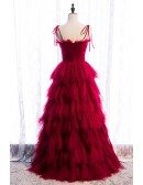 Burgundy Tiered Ruffle Tulle Party Dress with Straps