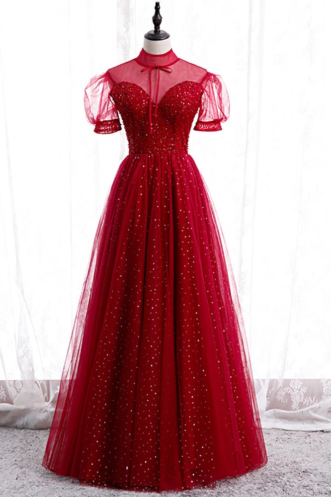 Burgundy Illusion Neckline Sequined Prom Dress With Bling Sleeves 