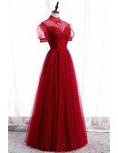 Burgundy Illusion Neckline Sequined Prom Dress with Bling Sleeves