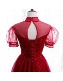 Burgundy Illusion Neckline Sequined Prom Dress with Bling Sleeves