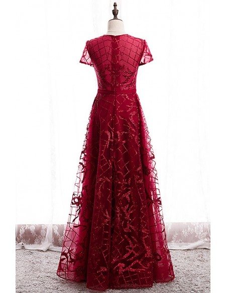 Modest Burgundy Vneck Sequined Formal Dress with Sleeves