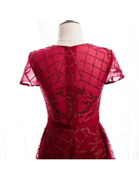 Modest Burgundy Vneck Sequined Formal Dress with Sleeves