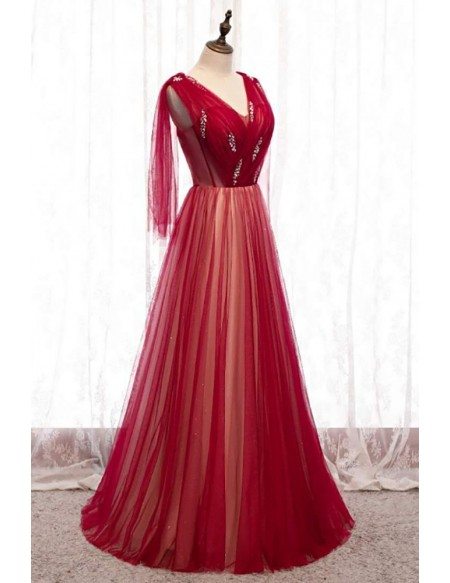 Burgundy Long Tulle Vneck Prom Dress with Dolman Sleeves MX16119 ...