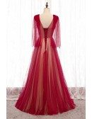 Burgundy Long Tulle Vneck Prom Dress with Dolman Sleeves