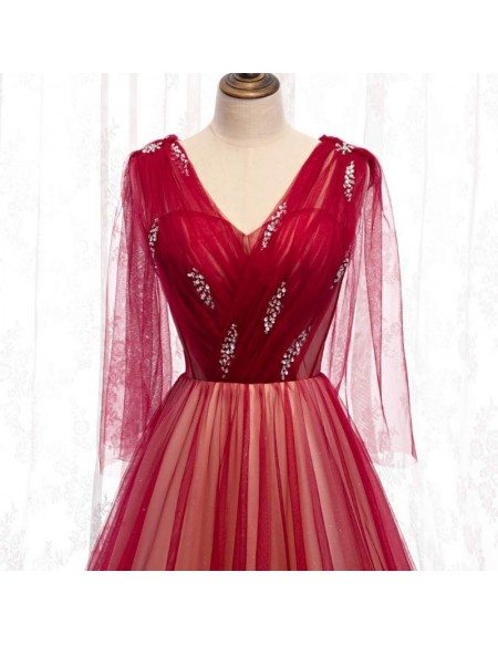 Burgundy Long Tulle Vneck Prom Dress with Dolman Sleeves