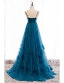 Simple Ink Blue Empire Long Tulle Formal Dress with Spaghetti Straps