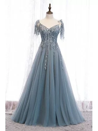 Dusty Blue Sequined Appliques Flowy Tulle Prom Dress with Straps