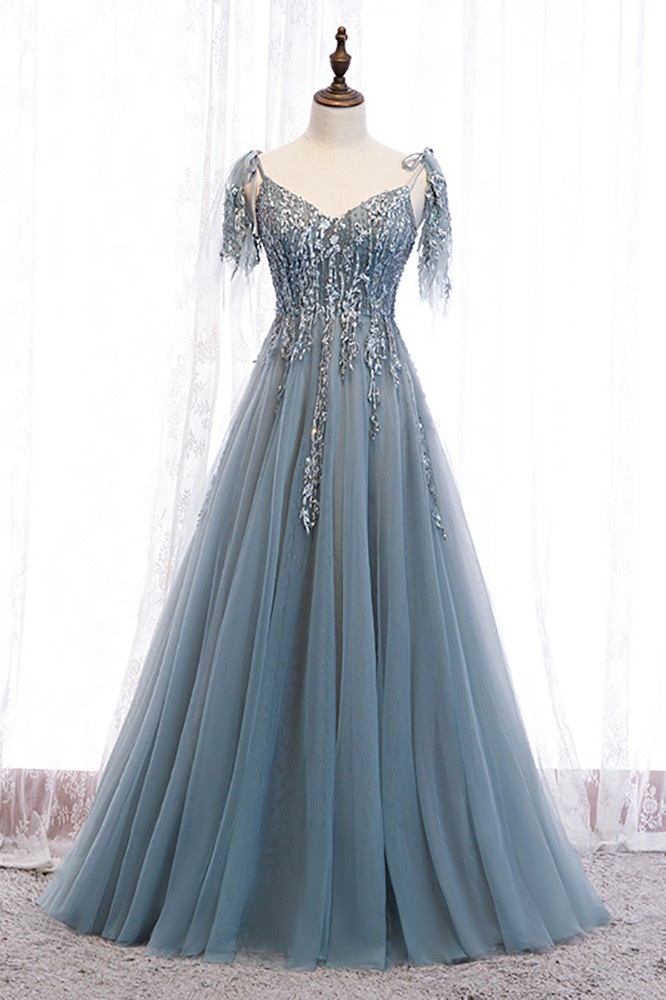 Dusty Blue Sequined Appliques Flowy Tulle Prom Dress with Straps ...