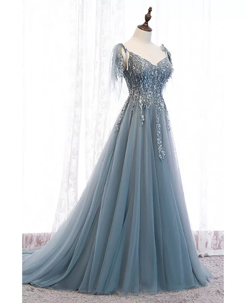 Dusty Blue Sequined Appliques Flowy Tulle Prom Dress with Straps ...