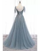 Dusty Blue Sequined Appliques Flowy Tulle Prom Dress with Straps