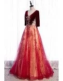 Vneck Burgundy Velvet with Tulle Long Formal Dress with Bling Sequins