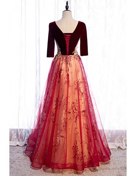 Vneck Burgundy Velvet with Tulle Long Formal Dress with Bling Sequins