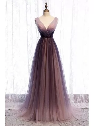 Deep Vneck Pleated Purple Tulle Formal Prom Dress Flowing