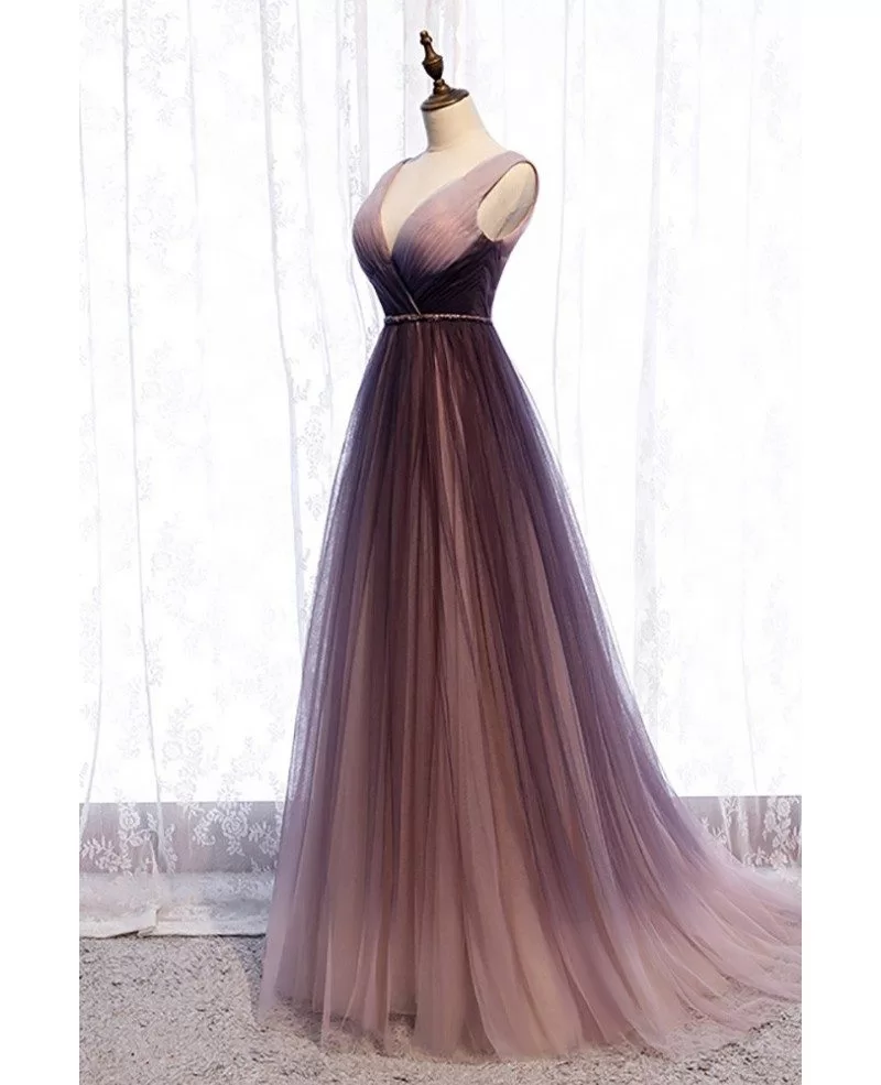 Long Tulle Formal Prom Dress with Low V-Neck