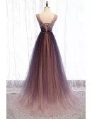 Deep Vneck Pleated Purple Tulle Formal Prom Dress Flowing