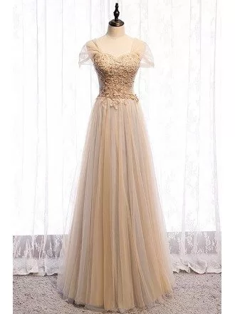 Champagne Flowing Tulle Elegant Prom Dress Sequined with Cap Sleeves