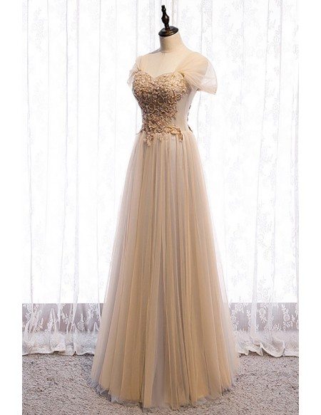 Champagne Flowing Tulle Elegant Prom Dress Sequined with Cap Sleeves
