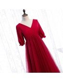Modest Empire Long Tulle Burgundy Formal Dress Vneck with Sleeves