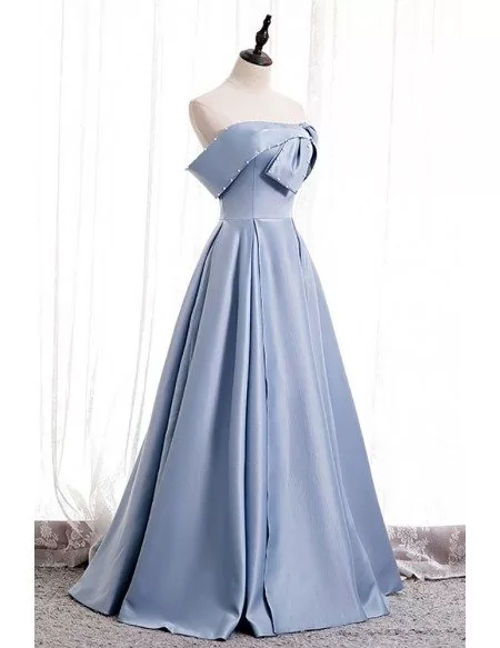 Elegant Blue Satin Formal Party Dress Ruffled with Beaded Strapless