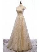 Sparkly Gold Sequined Pattern Long Prom Dress Beaded with Cap Sleeves