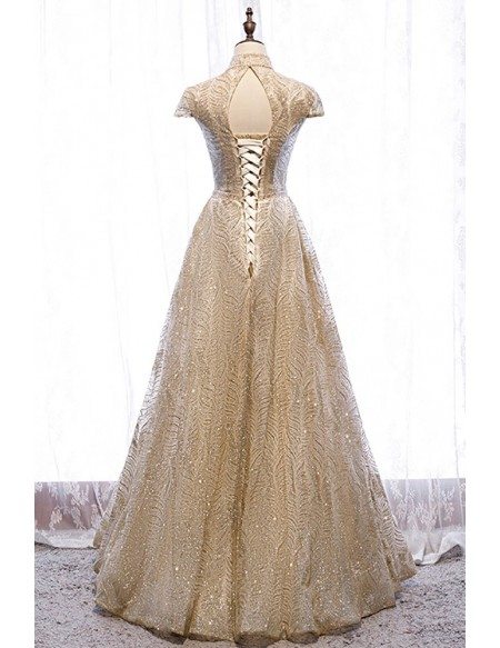 Sparkly Gold Sequined Pattern Long Prom Dress Beaded with Cap Sleeves