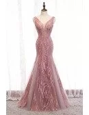 Mermaid Fitted Pink Vneck Prom Dress with Beaded Appliques