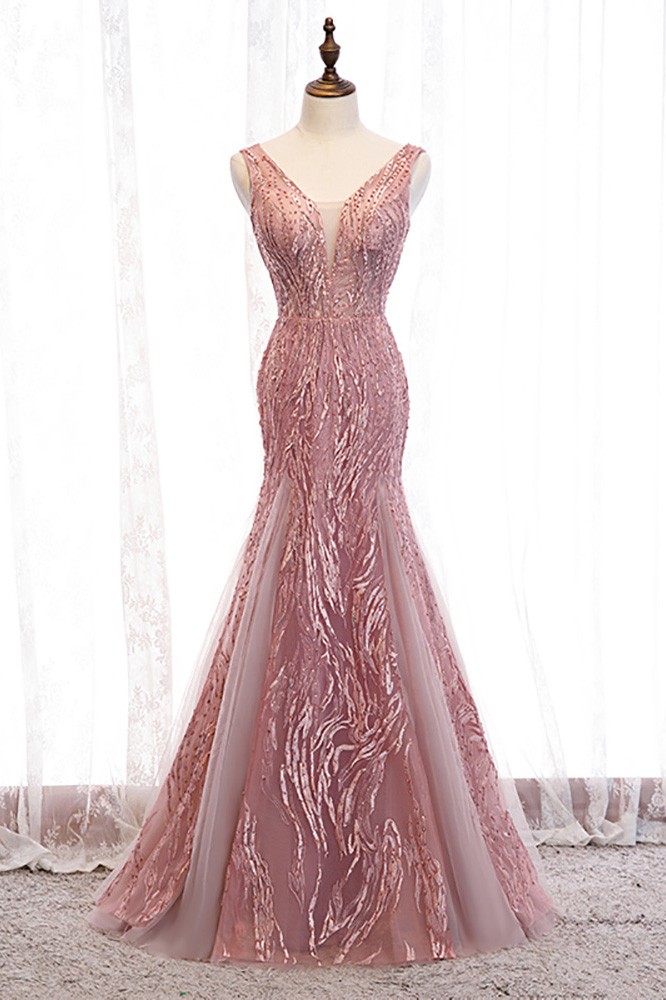 Mermaid Fitted Pink Vneck Prom Dress with Beaded Appliques MX16011 -  GemGrace.com
