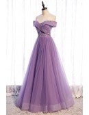 Sequined Purple Pleated Off Shoulder Tulle Prom Dress