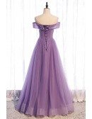 Sequined Purple Pleated Off Shoulder Tulle Prom Dress