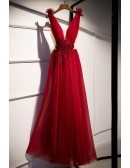 Bling Sequined Deep Vneck Burgundy Prom Dress with Jeweled Waist