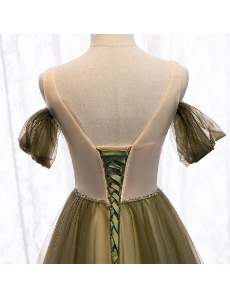 Pleated Dusty Green Tulle Formal Prom Dress with Beaded Waist