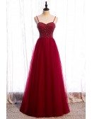 Burgundy Aline Tulle Prom Dress Sequined Bodice with Straps