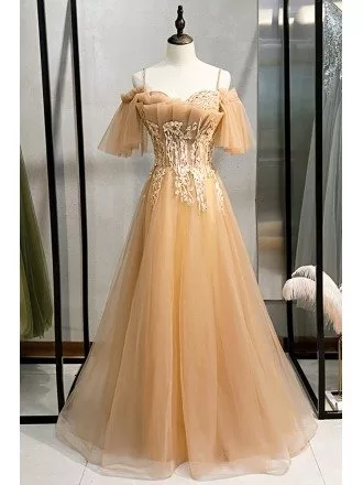 Champagne Long Tulle Prom Dress with Beaded Straps Appliques